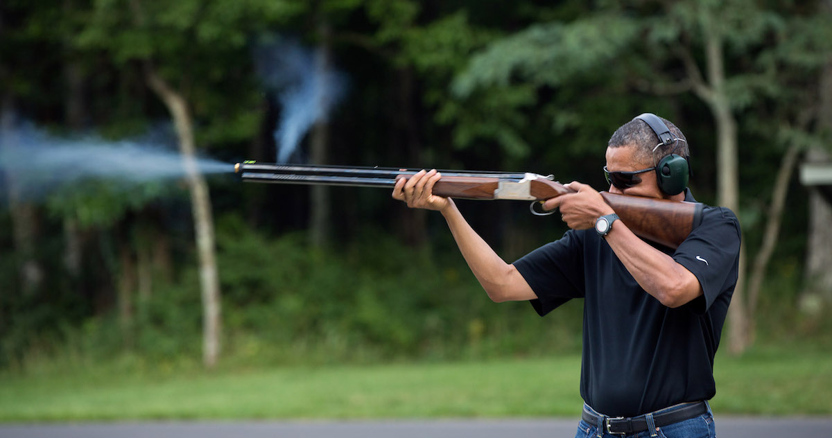 President Barack Obama shoots clay target on the range at Camp David, Md., Saturday, Aug. 4, 2012. (Official White House Photo by Pete Souza) This official White House photograph is being made available only for publication by news organizations and/or for personal use printing by the subject(s) of the photograph. The photograph may not be manipulated in any way and may not be used in commercial or political materials, advertisements, emails, products, promotions that in any way suggests approval or endorsement of the President, the First Family, or the White House.