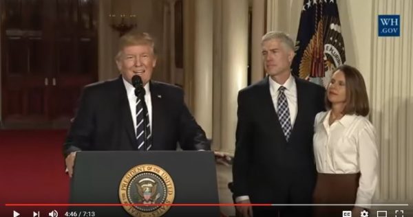 President Donald Trump nominates Judte Neil Gorsuch to the U.S. Supreme Court. (Screen capture YouTube, White House)